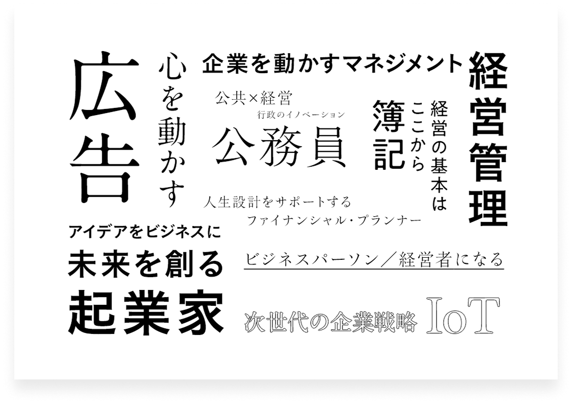 心 企業を動かすマネジメント 経 を動 広告 か 公共×経営 行政のイノベーション 簿 公務員 記 す 人生設計をサポートする ファイナンシャル・プランナー アイデアをビジネスに ここから 経営管理 経営の基本は 未来を創る ビジネスパーソン/経営者になる 起業家 次世代の企業規略 IoT